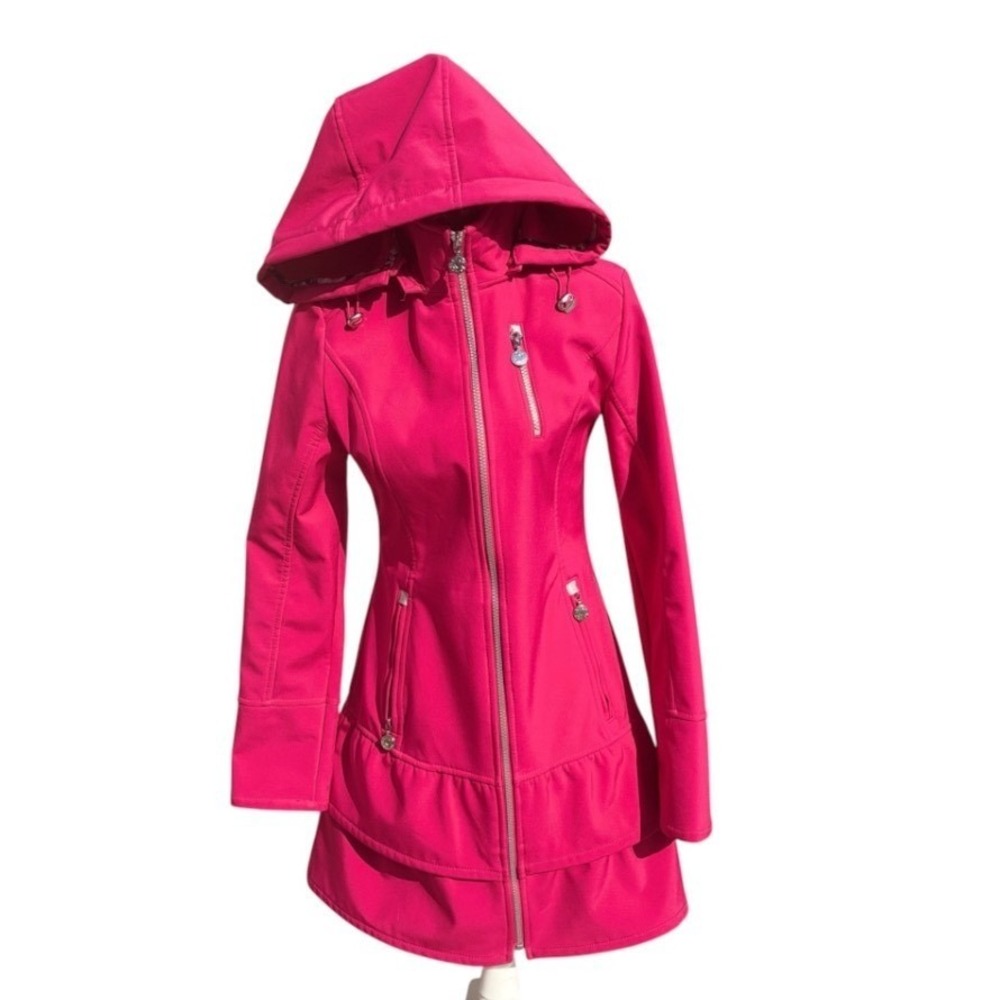 Betsey Johnson Hot Pink Softshell Ruffle Hem Hooded Jacket Coat Womens Small